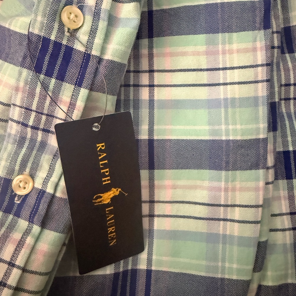 Ralph Lauren Plaid Button-Down Shirt - Denim Blue, Light Pink & Mint Green